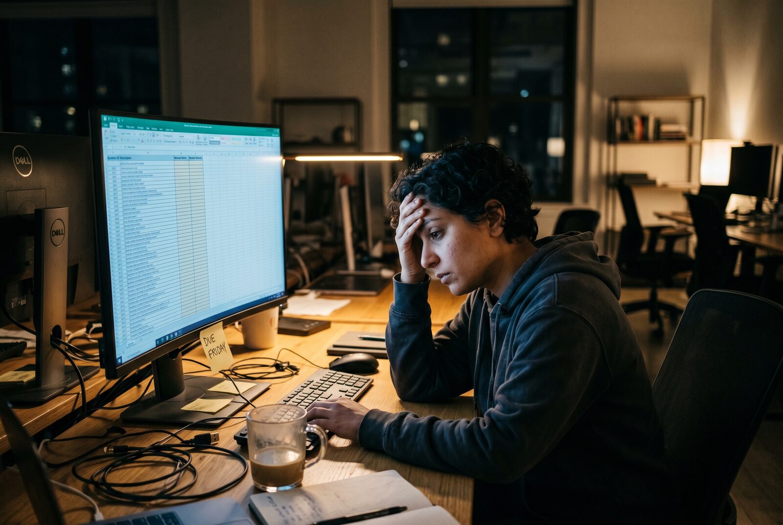 A founder working late at a desk, head in hand, facing a long unanswered security questionnaire on screen.