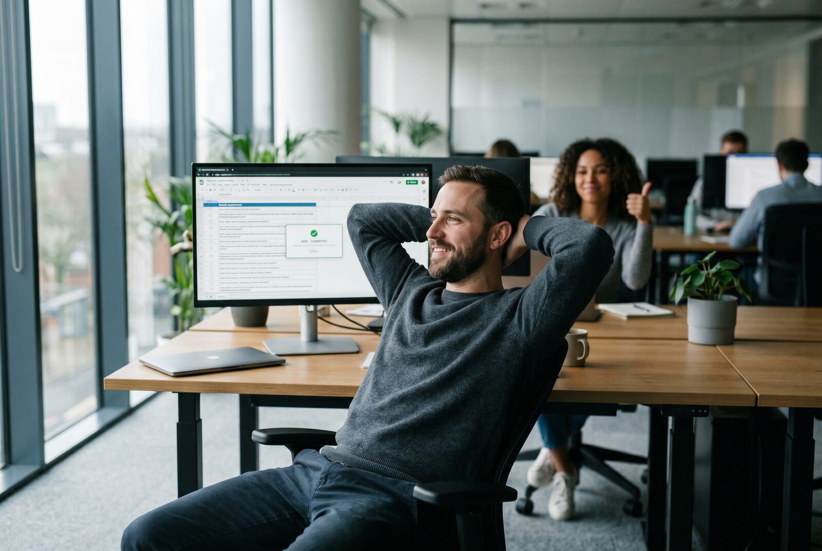 A relaxed founder leaning back at their desk, the security questionnaire finished on screen and the deal moving forward.